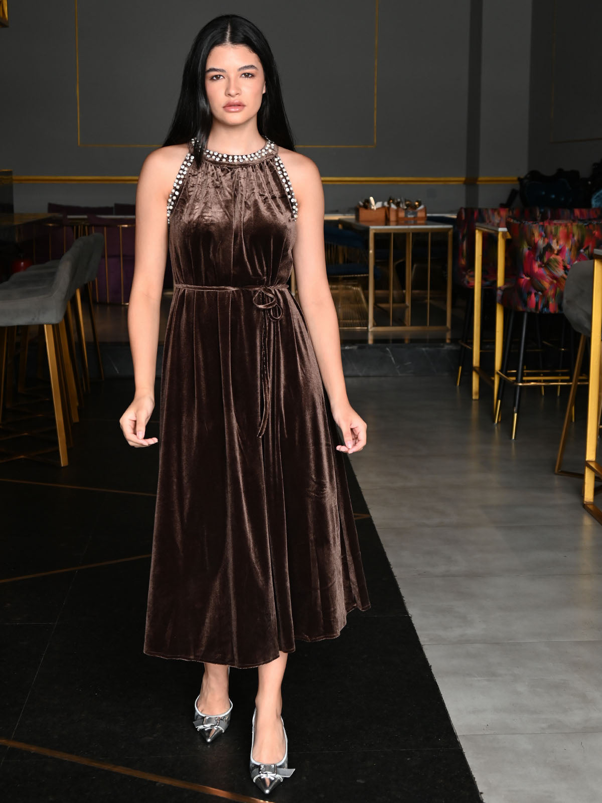 brown metallic prom dress Lace-Up Long Brushed-Metallic with Beads Bronze / 6 neck and sleeveless design Efsteb Formal Dresses for Rush Service:With Rush+$19.99 PR-EOFY-26