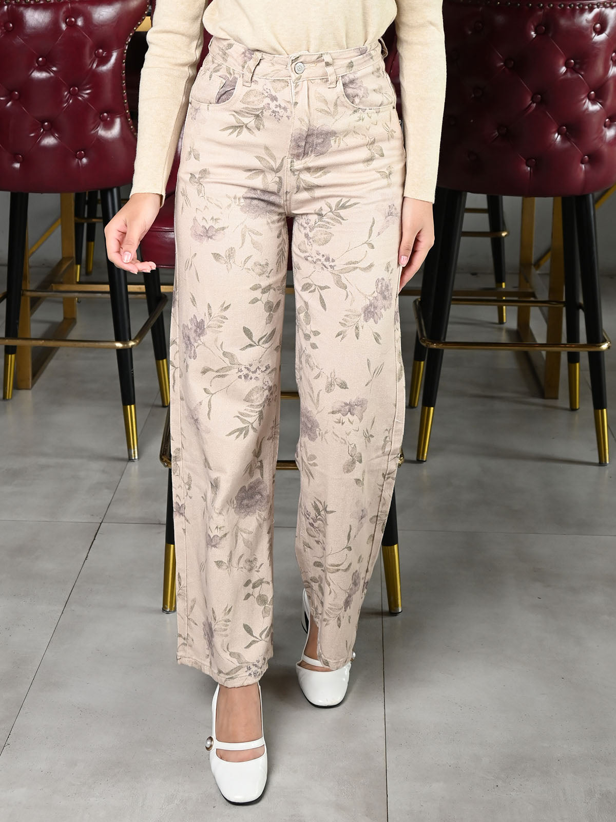 Odette Beige Denim Printed Trouser For Women