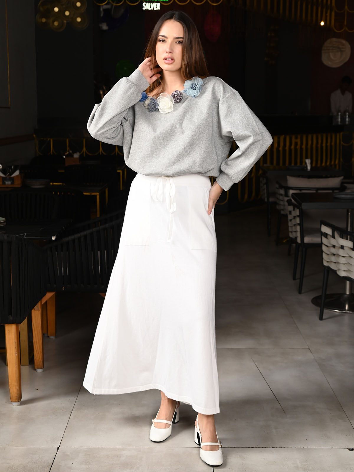 Odette White Cotton Jersey Solid Long Skirt For Women