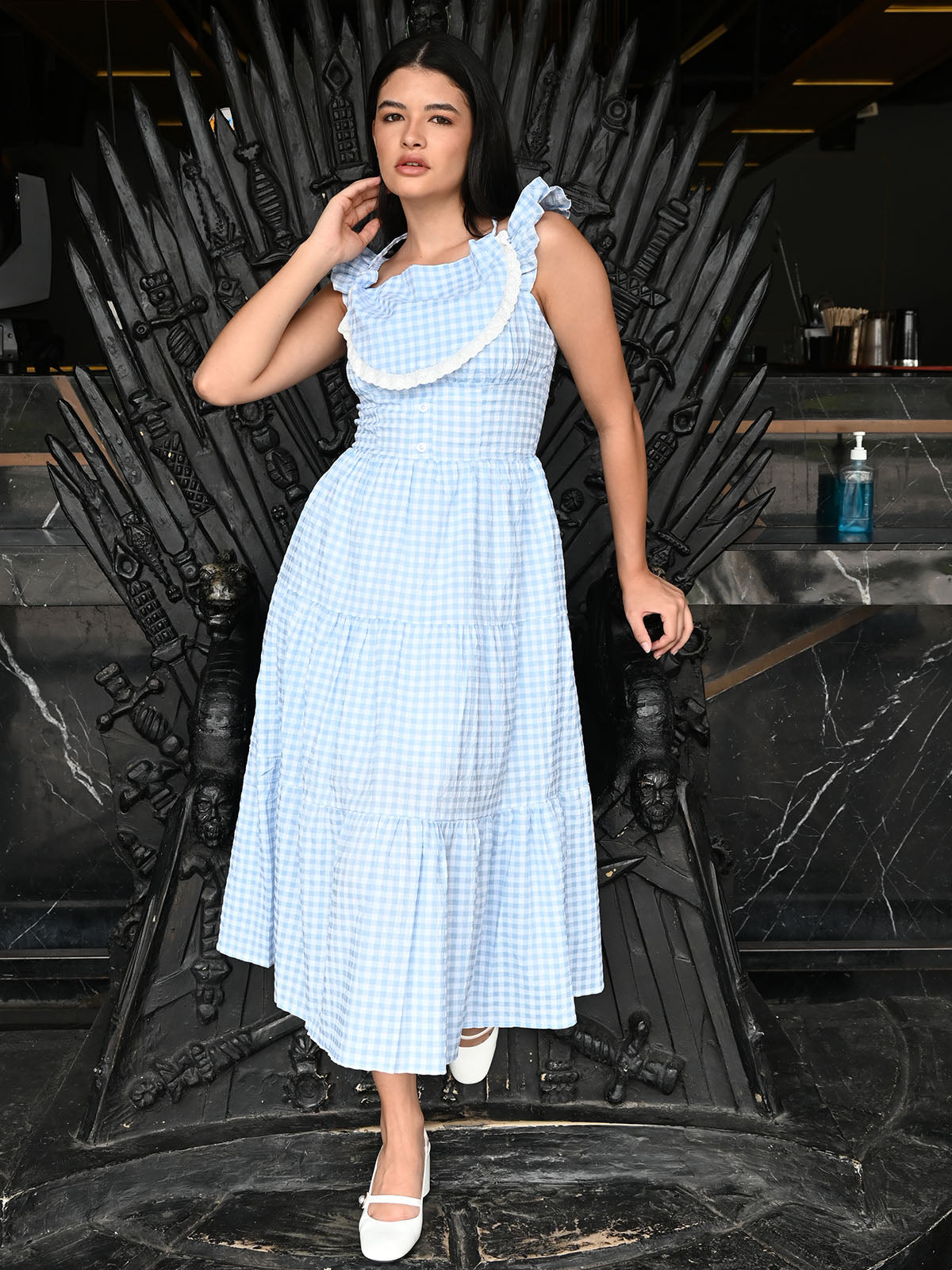 Odette Blue Seer Sucker Cotton Checks Dress For Women