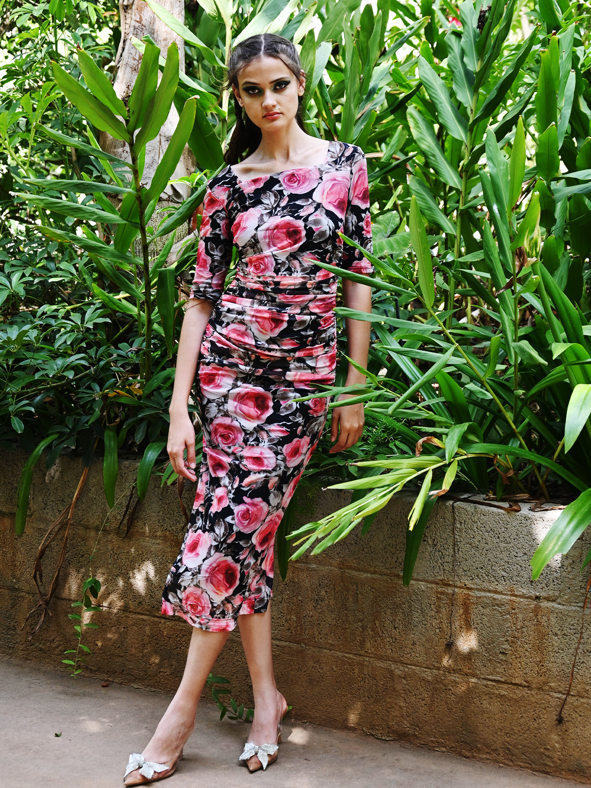 Odette Women Black Printed Net Lycra Knee Length Bodycon Stitched Dress