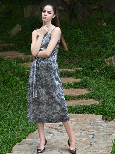 Odette Women Grey Printed Velvet With Lycra Solid Stitched Dress