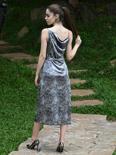 Odette Women Grey Printed Velvet With Lycra Solid Stitched Dress