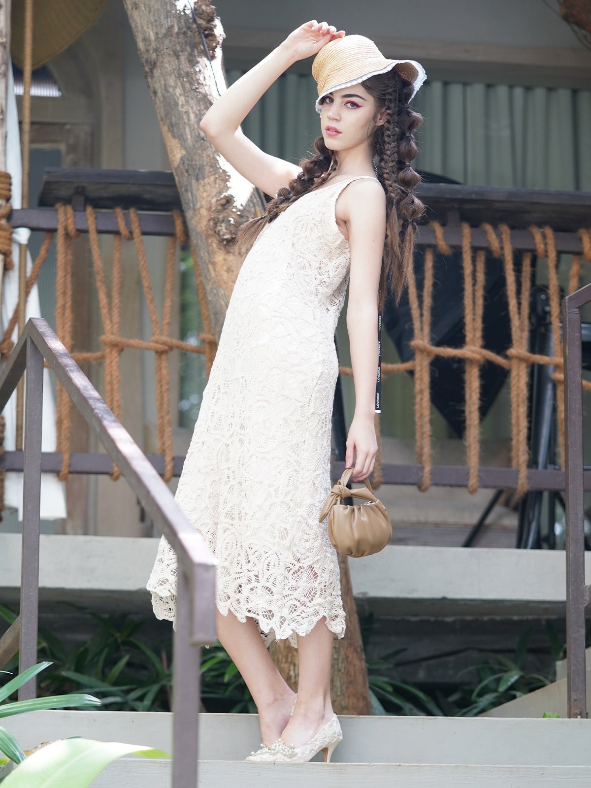 Odette Women Off White Self Design Crochet Stitched Dress Odette Women Off White Self Design Crochet Stitched Dress