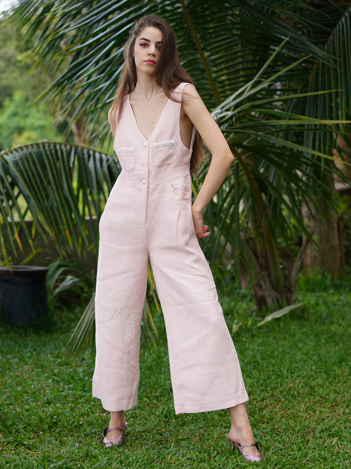 Odette Women Pink Textured Tweed With Shimmer Stitched Jumpsuit