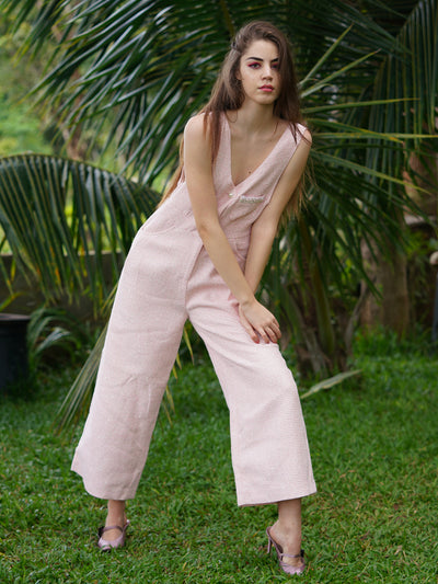 Odette Women Pink Textured Tweed With Shimmer Stitched Jumpsuit