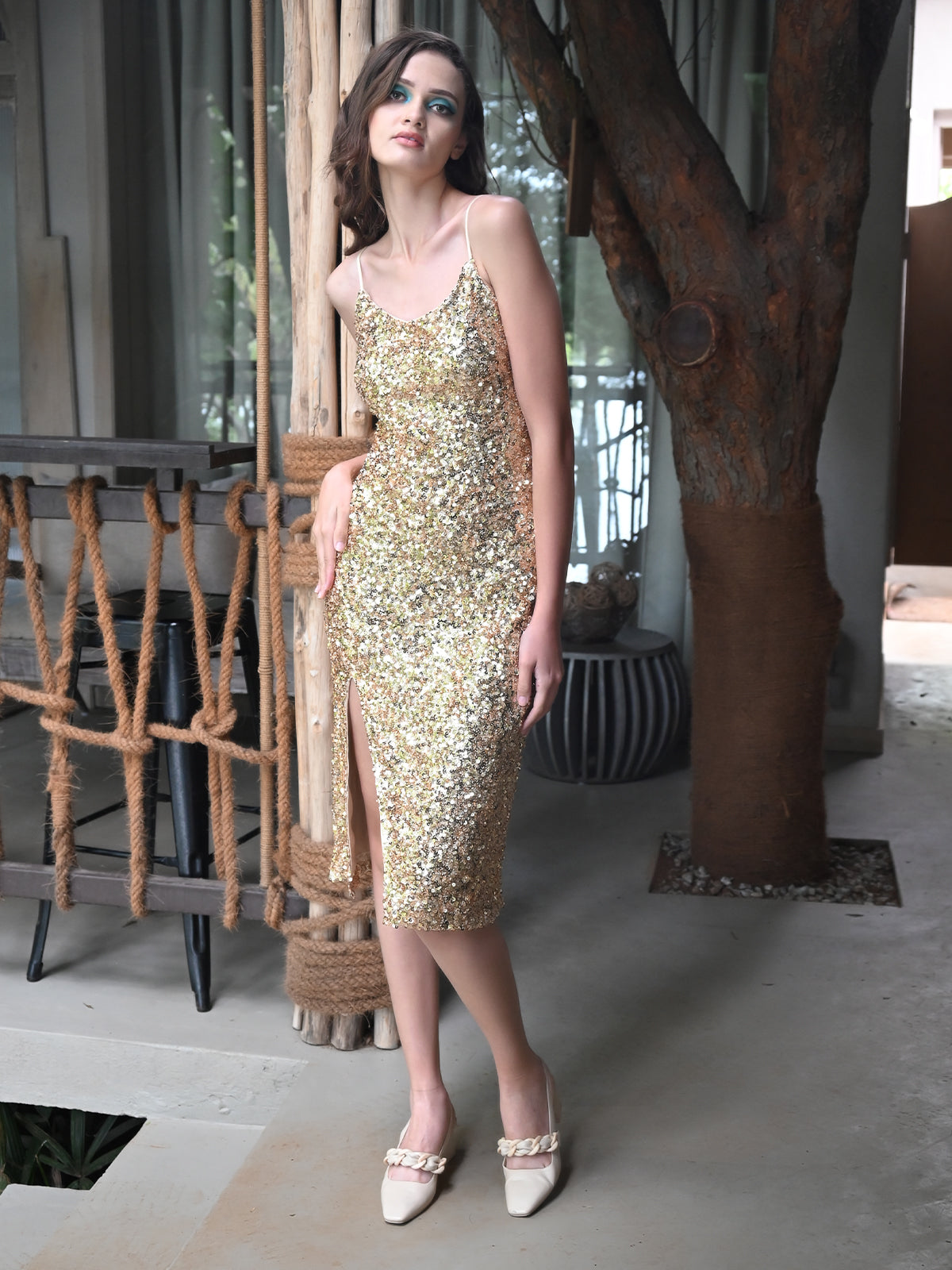 Gold sequin a line on sale dress