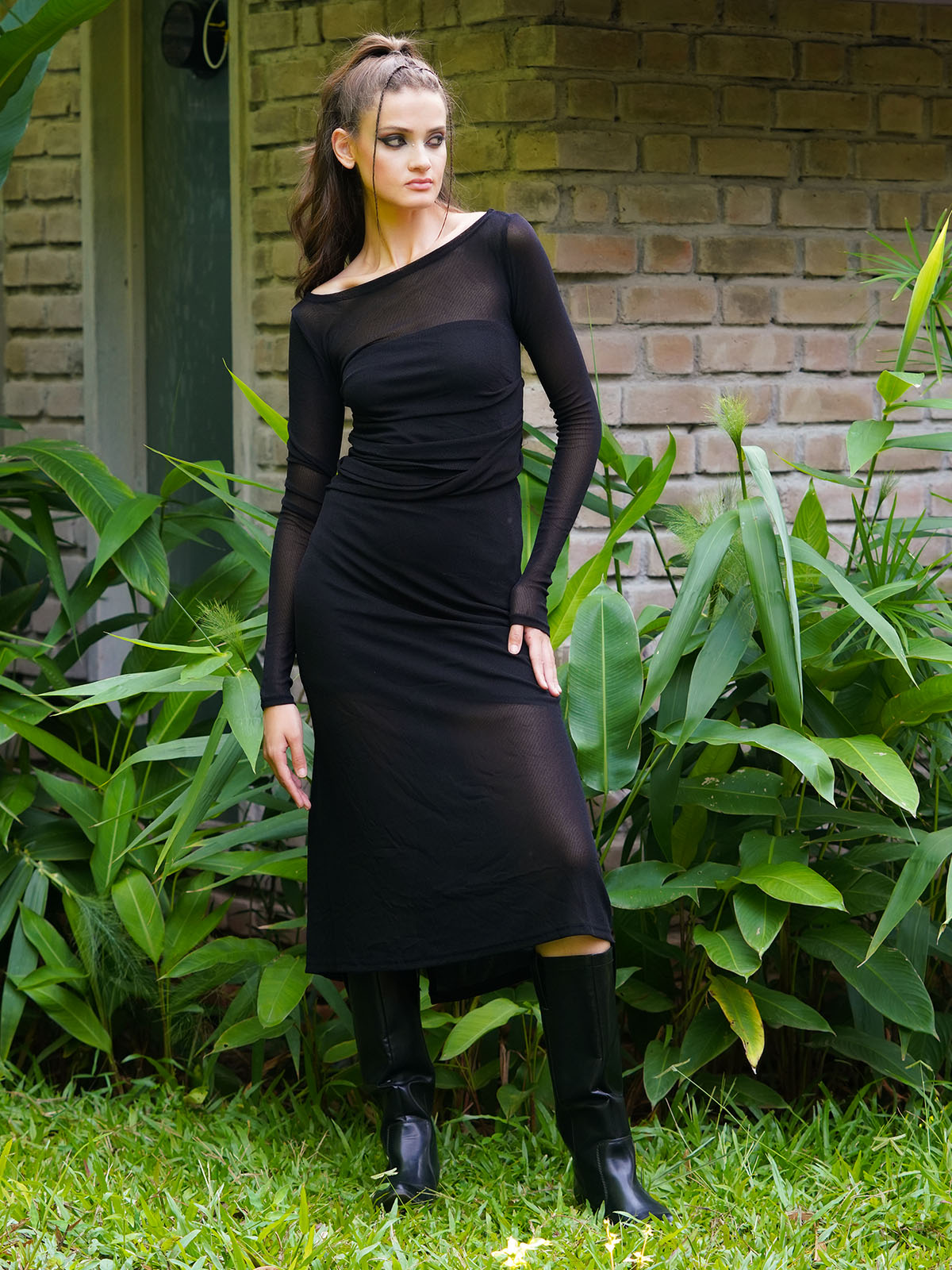 black polyester dress Odette Women Black Polyester Gauze Lycra Stitched Dress