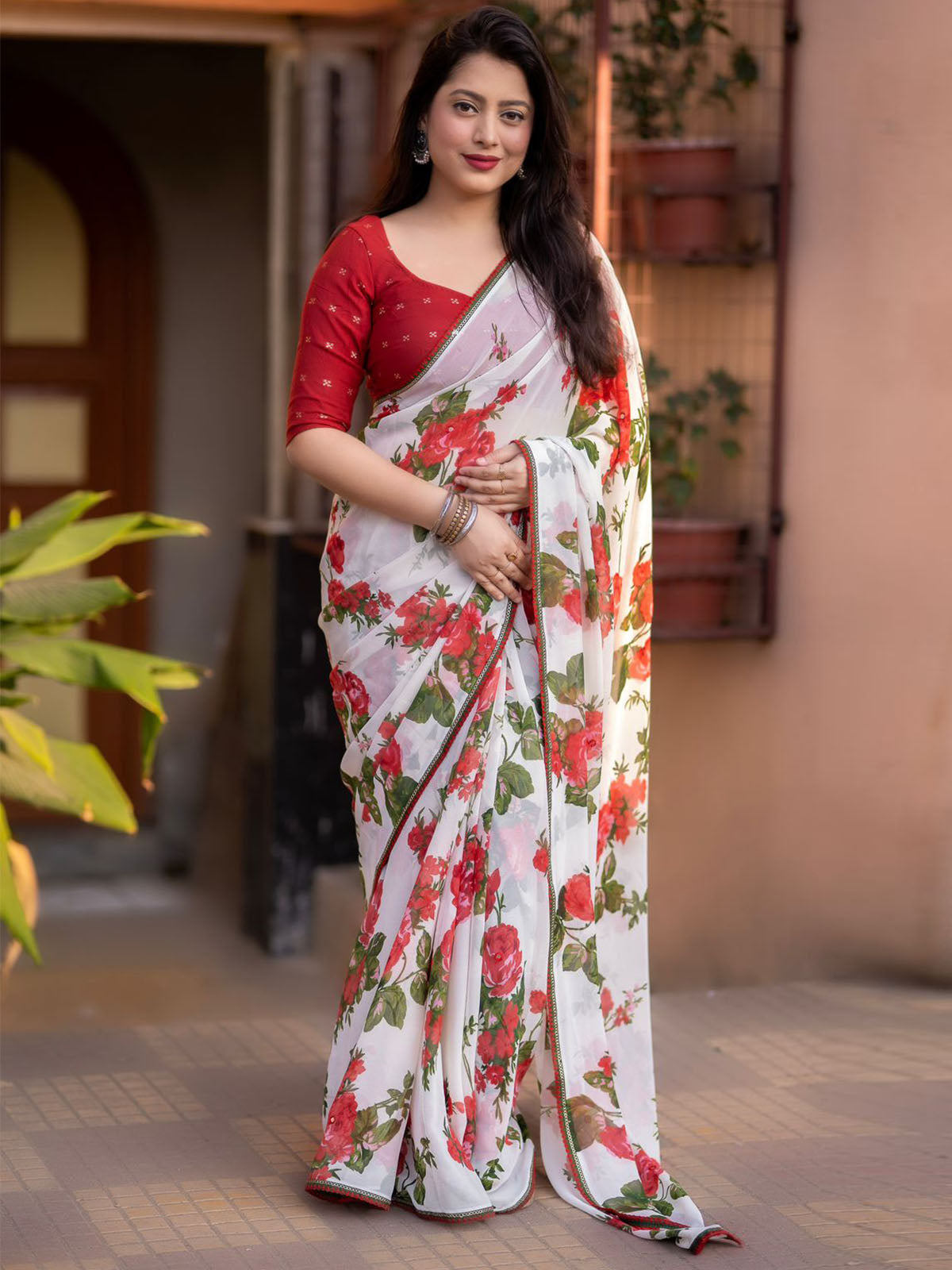 Odette White And Red Printed Soft Georgette Saree With Unstitched Blouse For Women