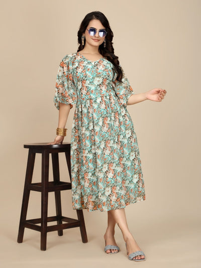 Odette Green Georgette Printed Dress For Women