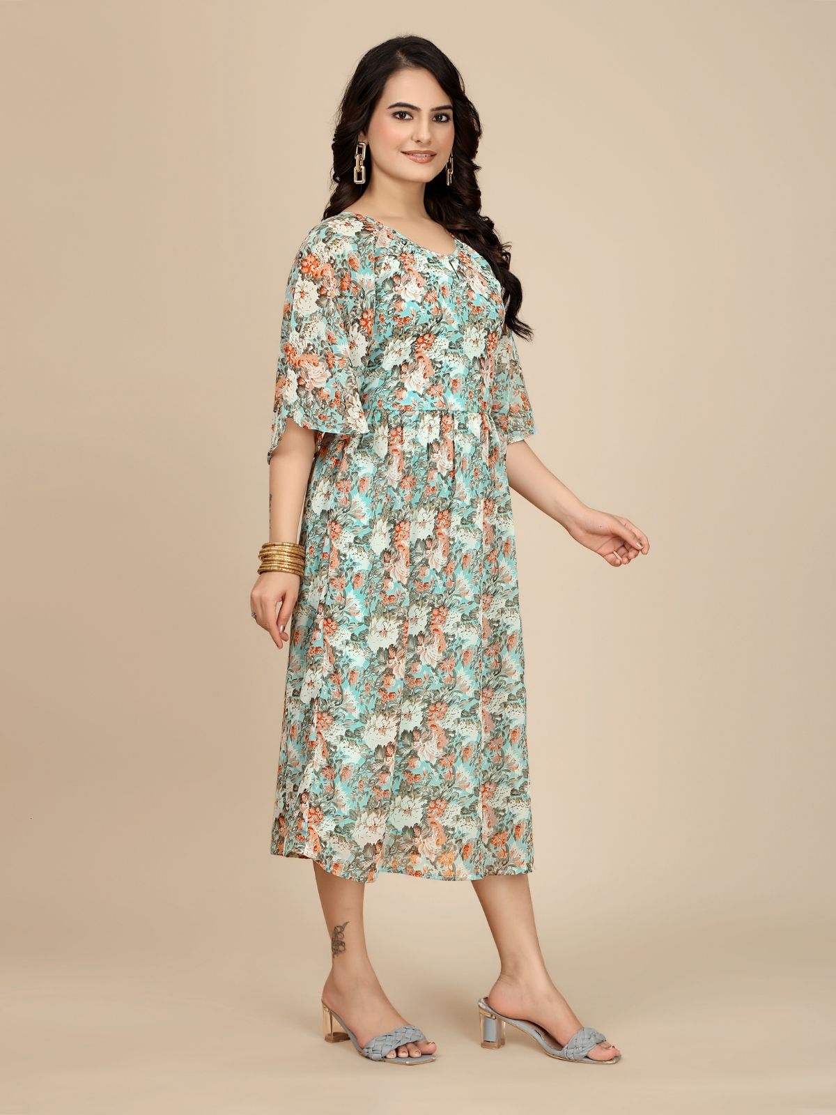 Odette Green Georgette Printed Dress For Women