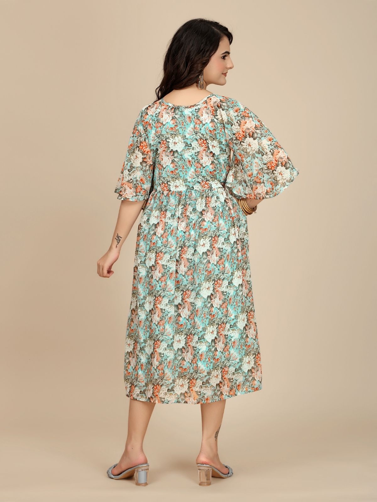 Odette Green Georgette Printed Dress For Women