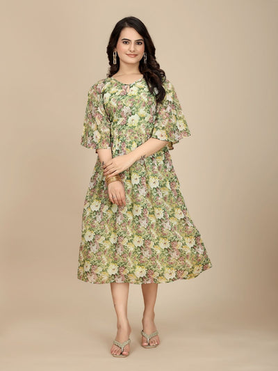 Odette Green Georgette Printed Dress For Women