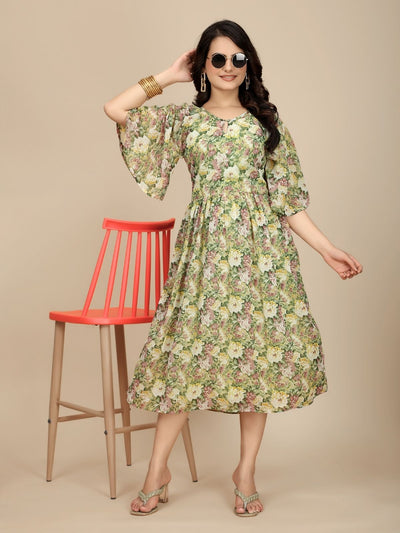 Odette Green Georgette Printed Dress For Women