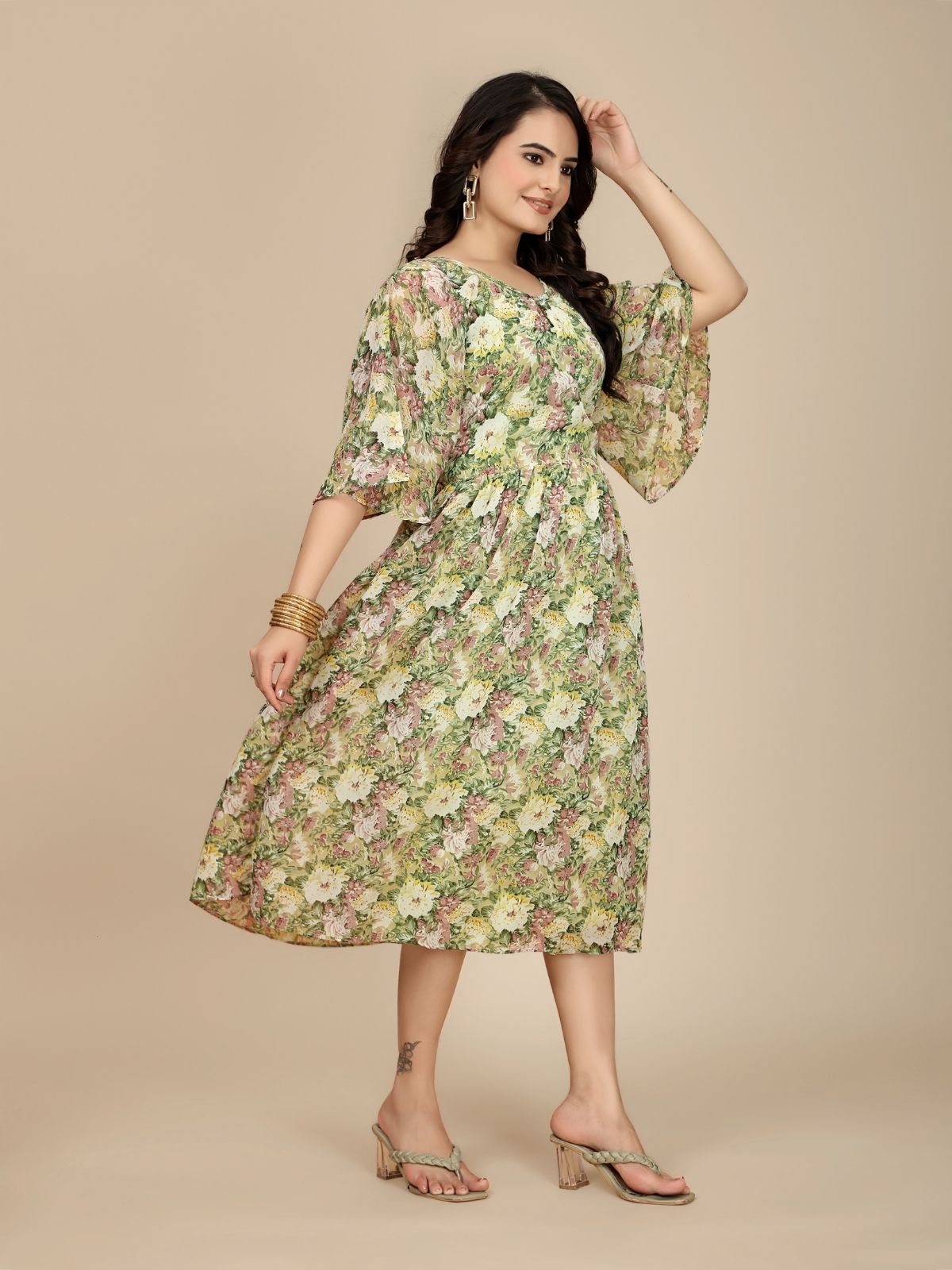 Odette Green Georgette Printed Dress For Women