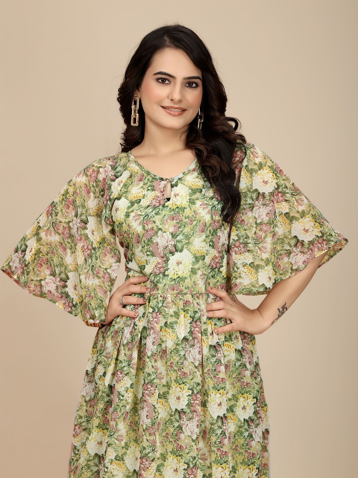 Odette Green Georgette Printed Dress For Women