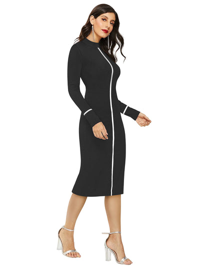 Odette Black Bodycon Knit Fabric Dress For Women