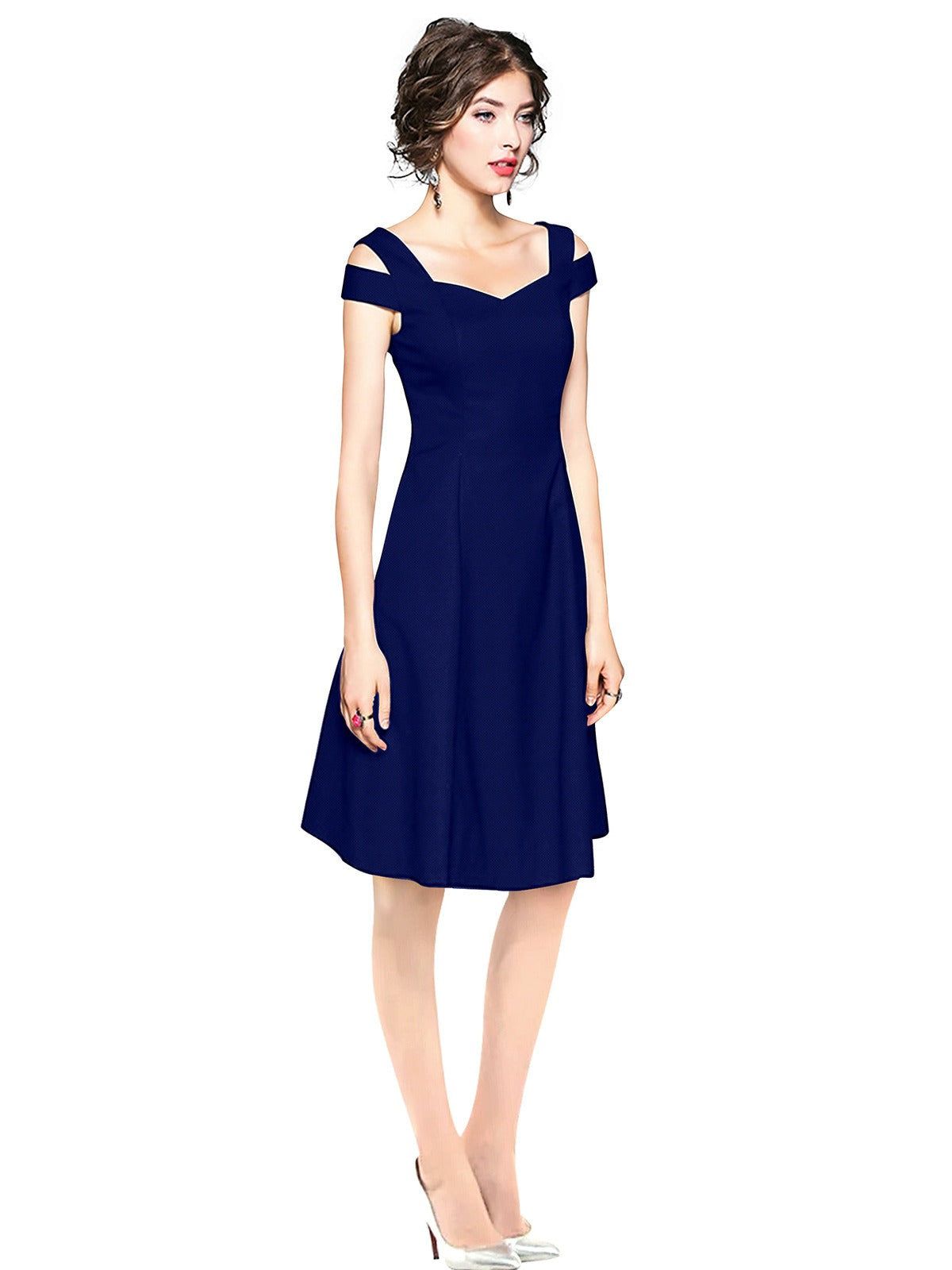 Odette Royal Blue Polyester Skater Dress For Women