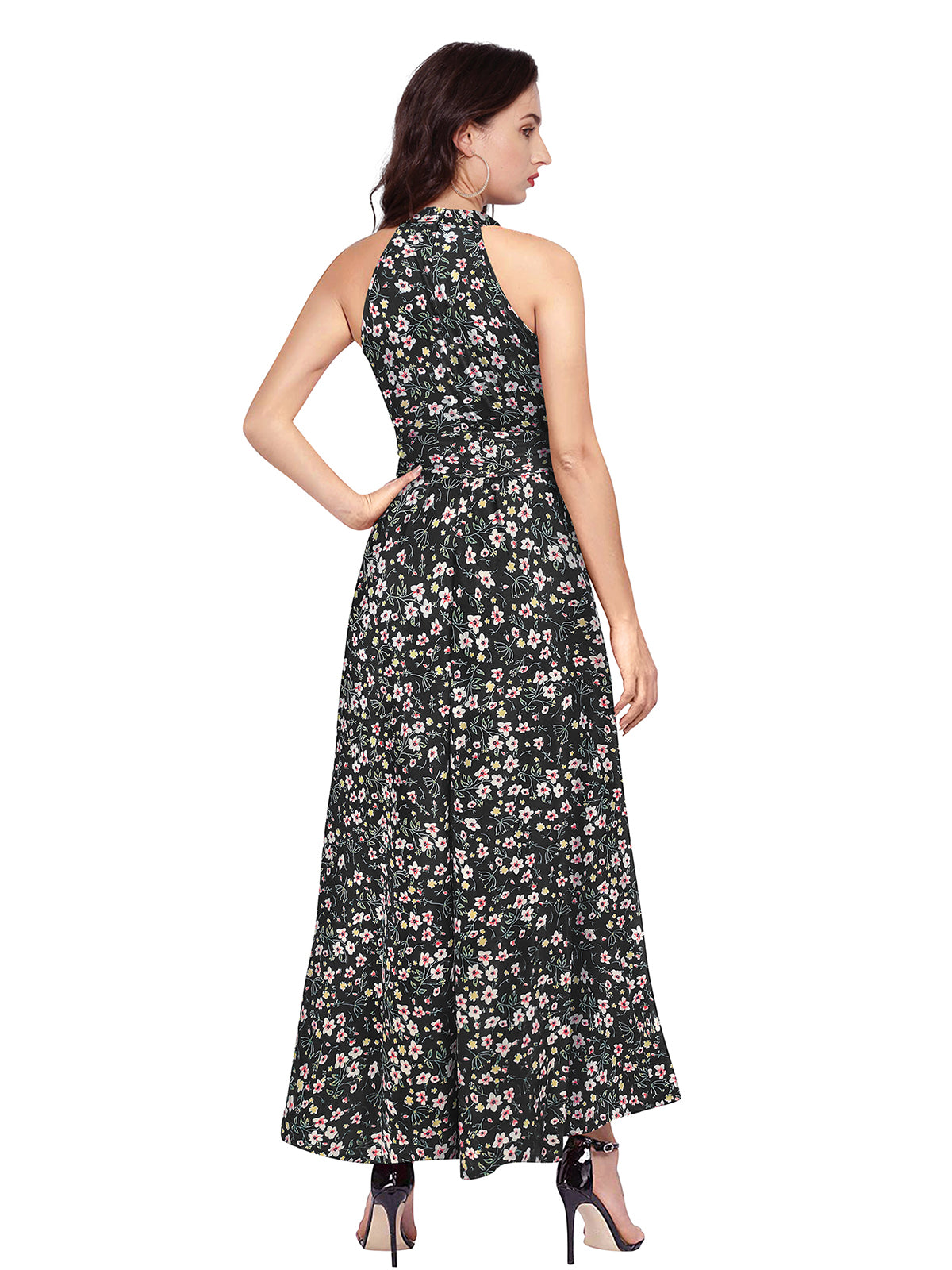 Odette Black Polyester Asymmetric A-line Printed Dress For Women