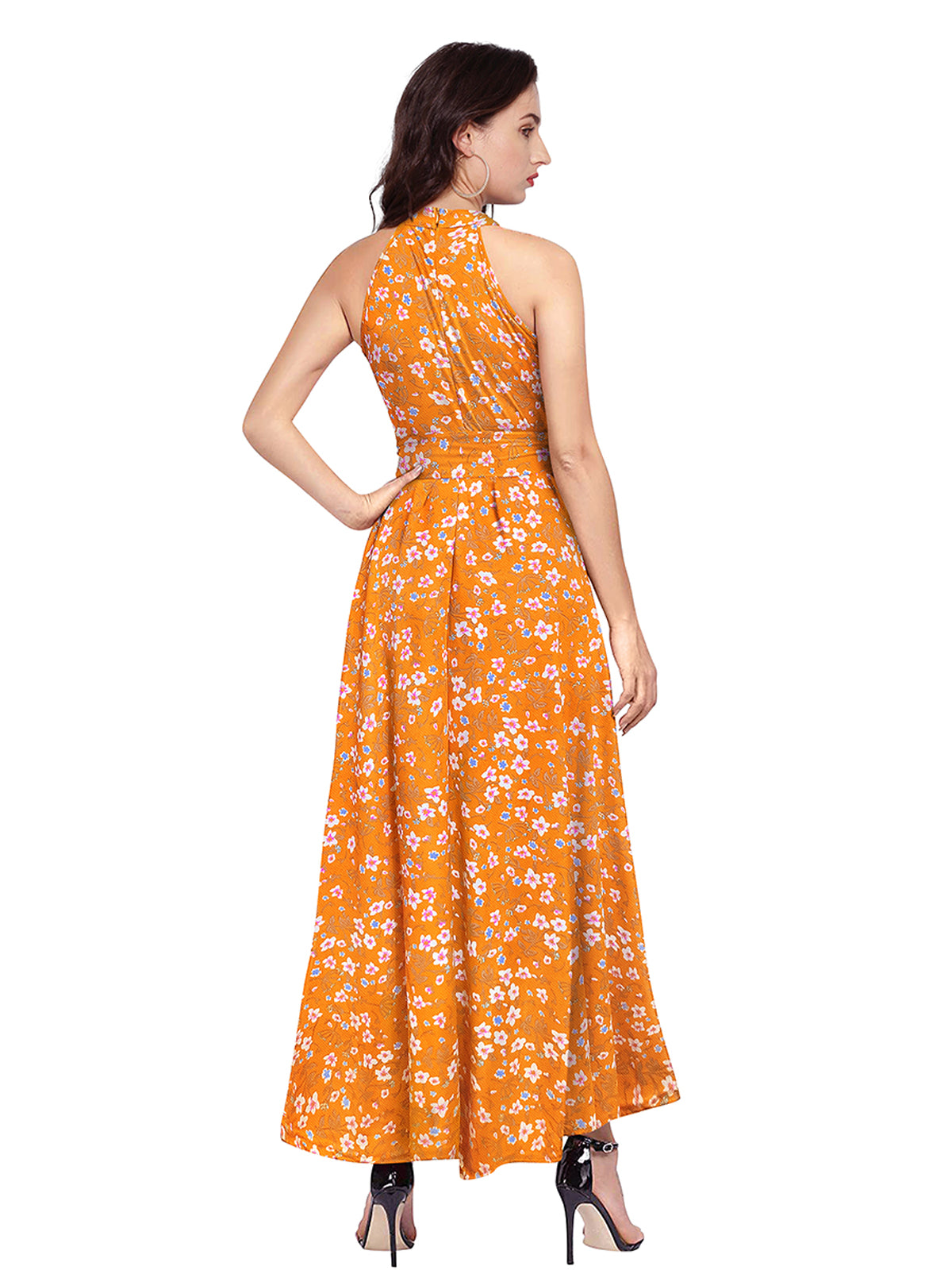 Odette Yellow Polyester Asymmetric A-line Printed Dress For Women