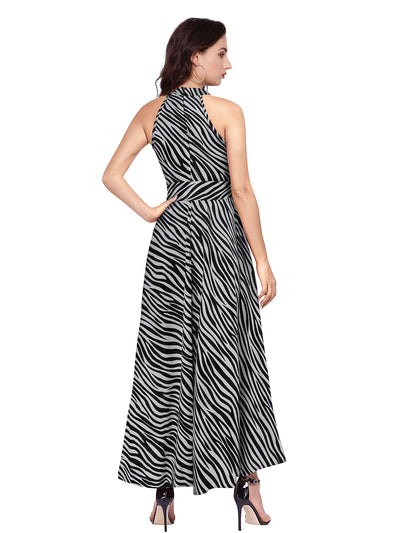 Odette Grey and Black Polyester Asymmetric A-line Printed Dress For Women