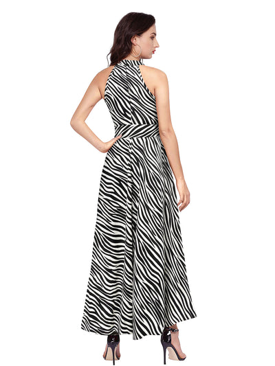 Odette White and Black Polyester Asymmetric A-line Printed Dress For Women