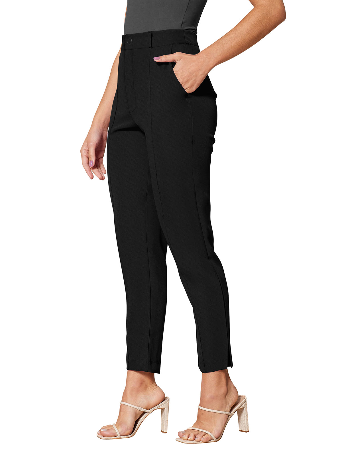 Odette Black Polyester Solid Trouser For Women