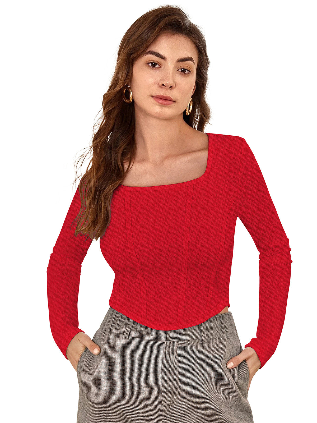 Odette Red Polyester Solid Top For Women