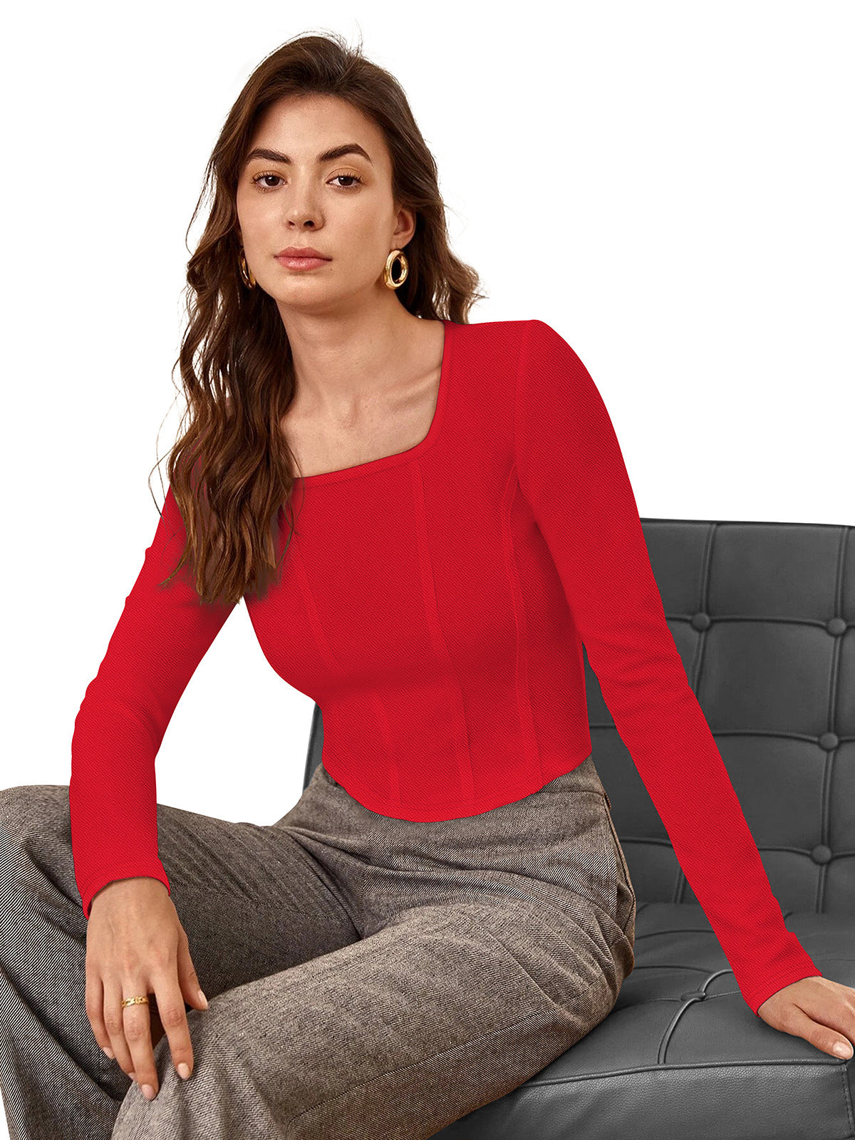 Odette Red Polyester Solid Top For Women