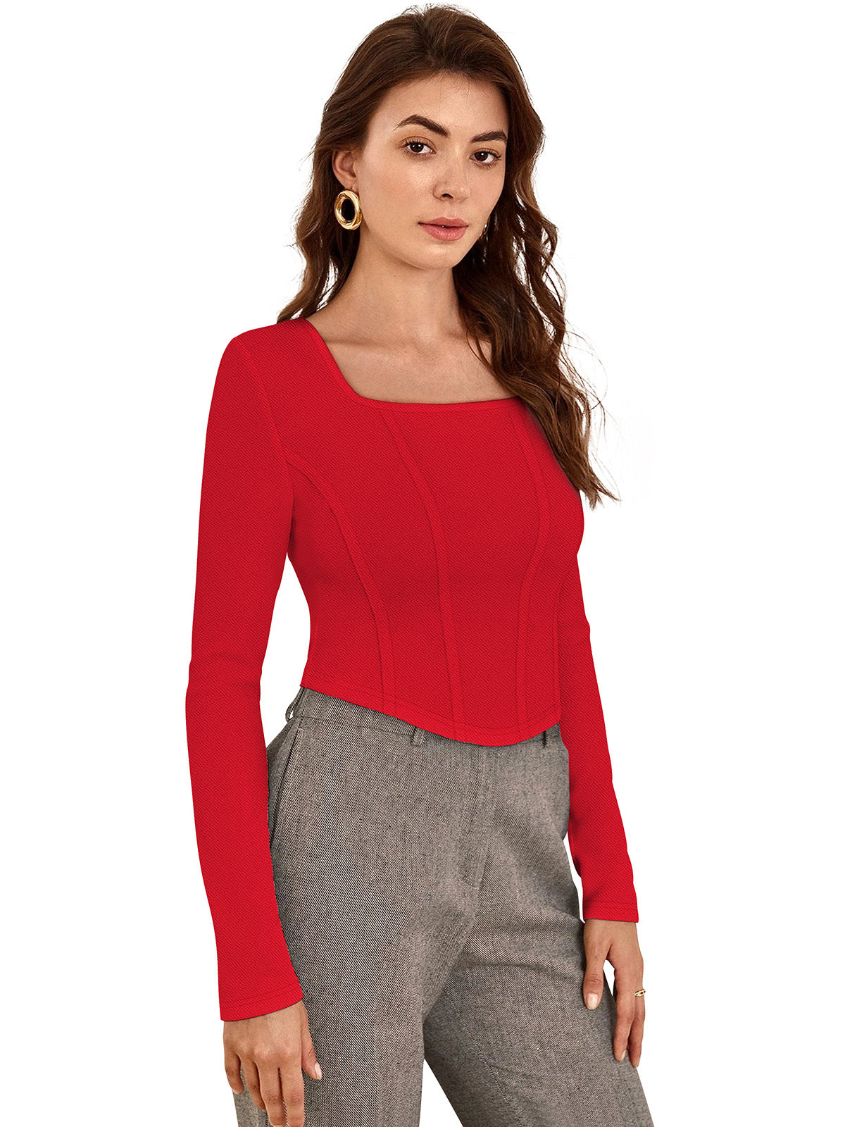 Odette Red Polyester Solid Top For Women