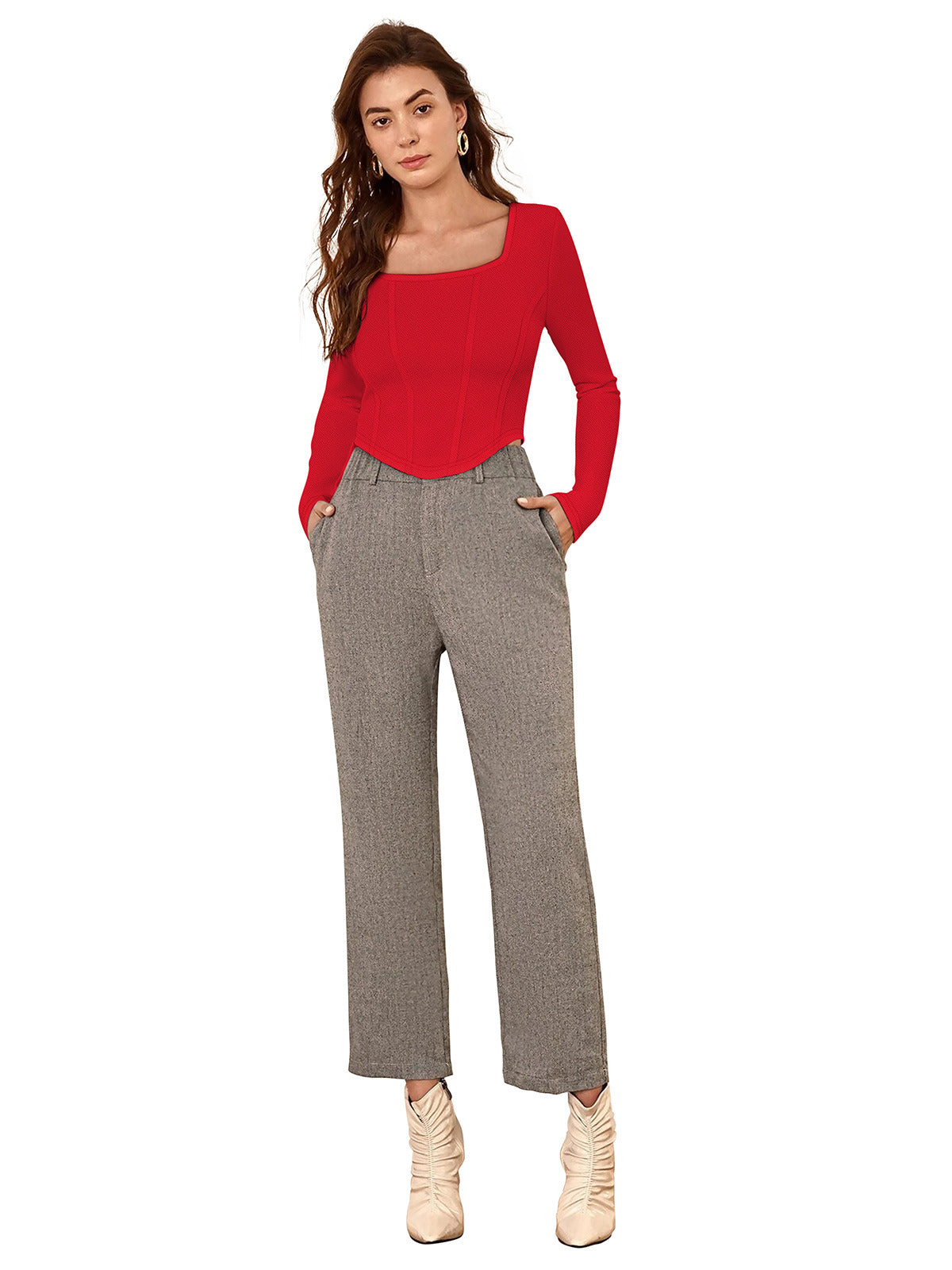 Odette Red Polyester Solid Top For Women