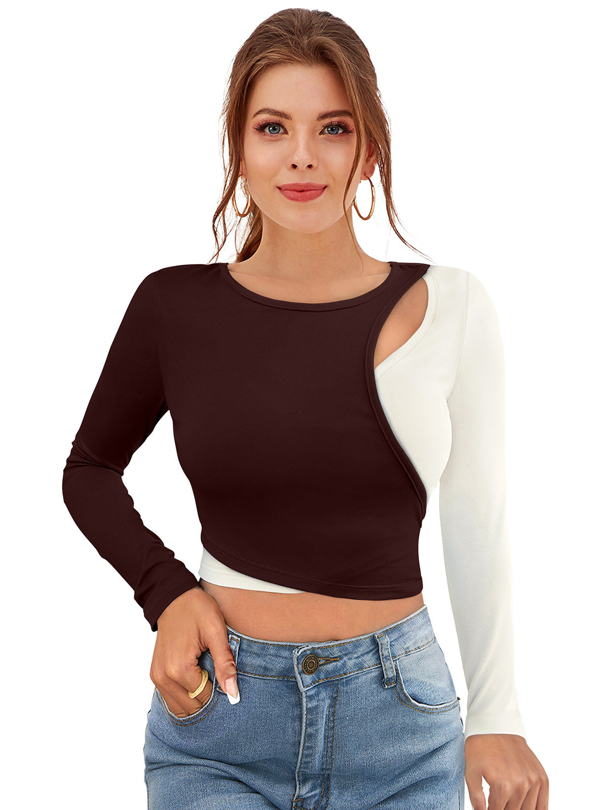 Odette Brown Polyester Solid Top For Women