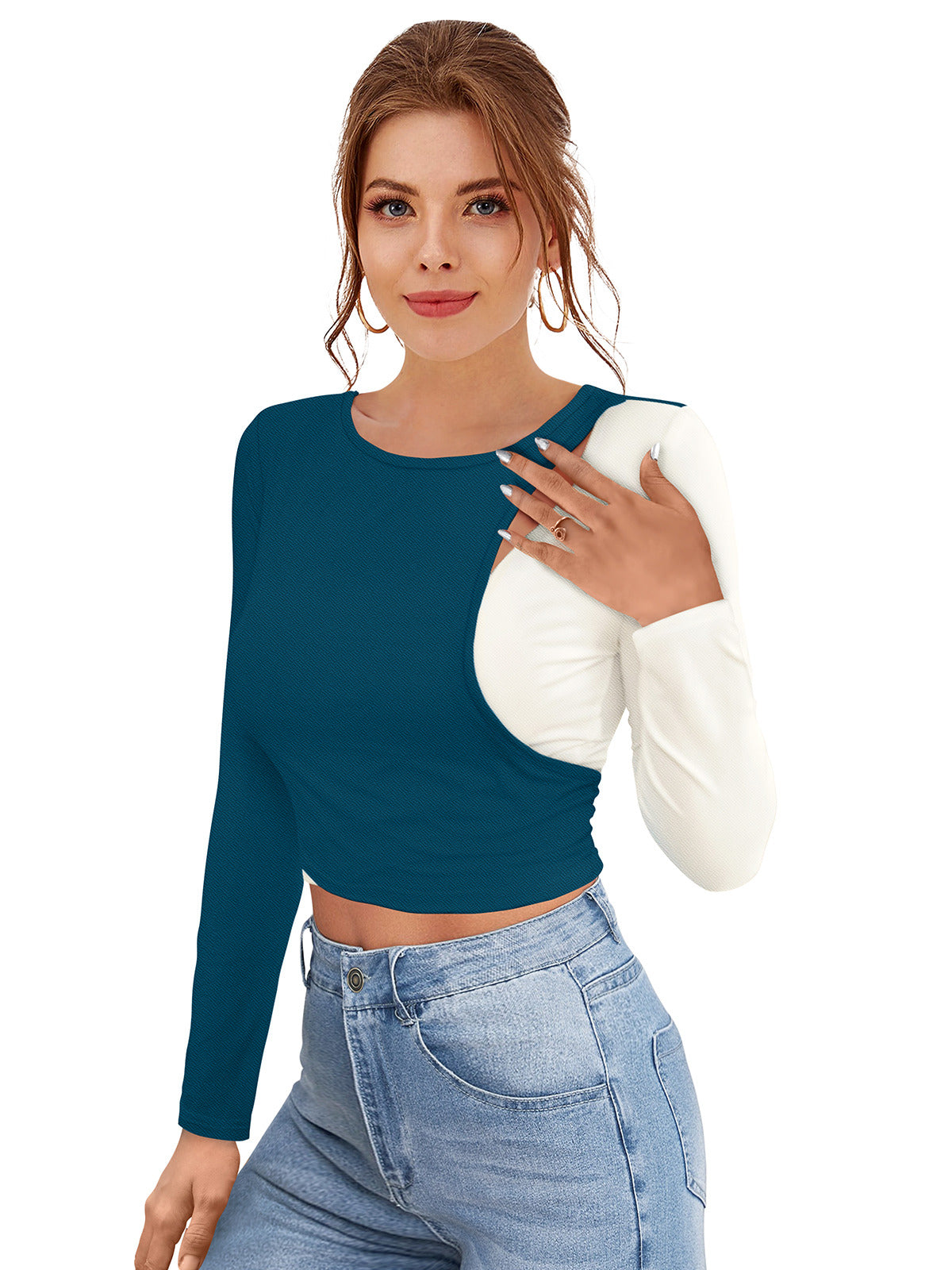 Odette Teal Polyester Solid Top For Women