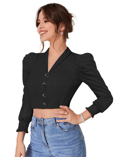 Odette Black Polyester Solid Top For Women