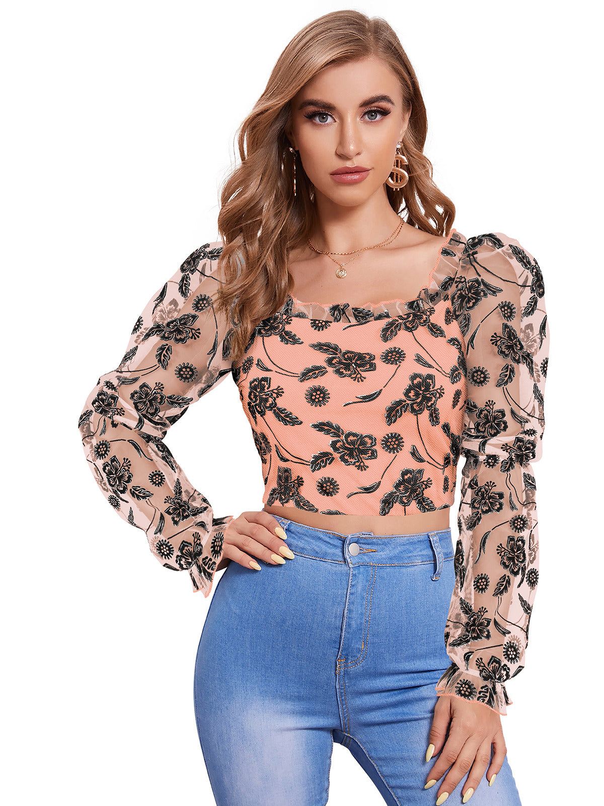 Odette Peach Polyester Printed Top For Women