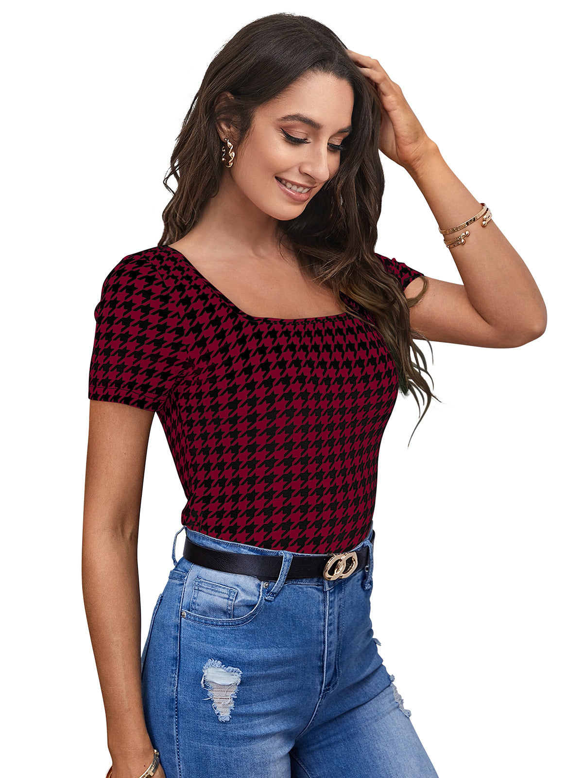 Odette Maroon Polyester Printed Top For Women