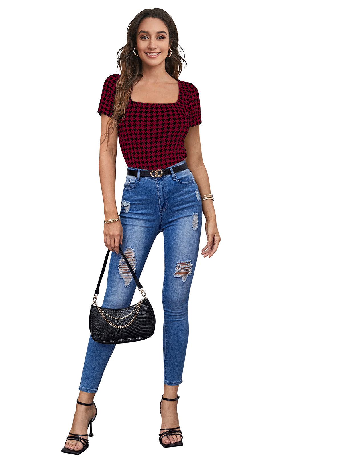 Odette Maroon Polyester Printed Top For Women