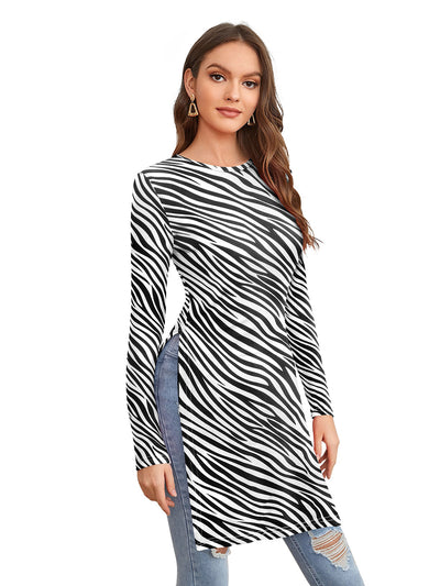 Odette White and Black Polyester Printed  Long Top For Women