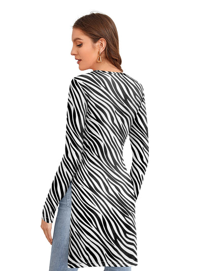 Odette White and Black Polyester Printed  Long Top For Women