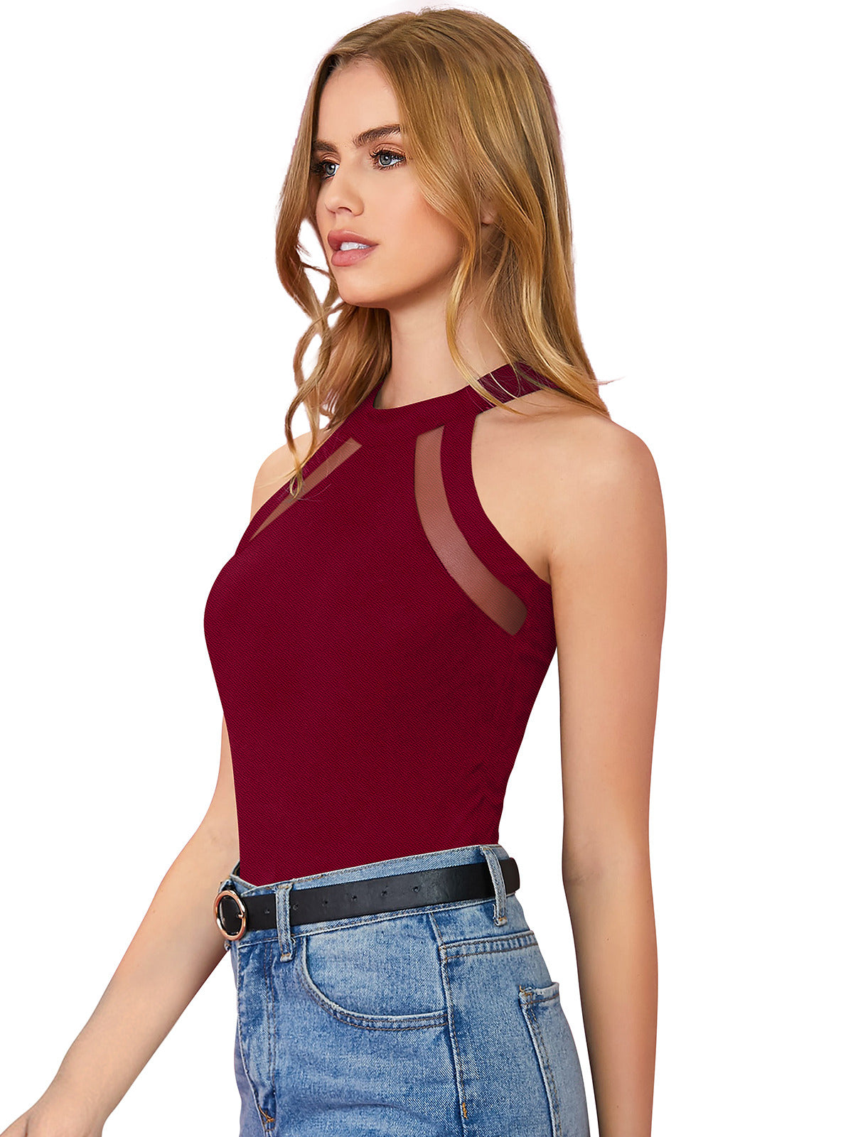 Odette Maroon Polyester Solid Top For Women