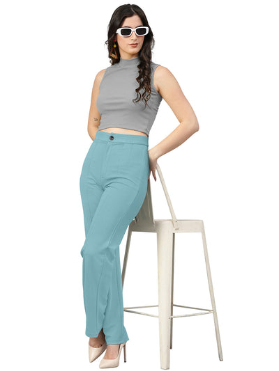 Odette Light Blue Polyester Trouser For Women