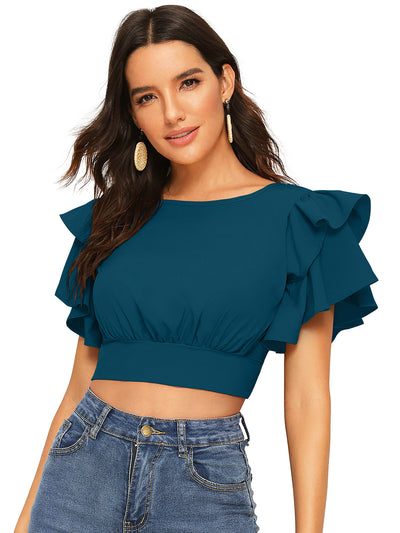 Odette Teal  Knit Fabric Top For Women