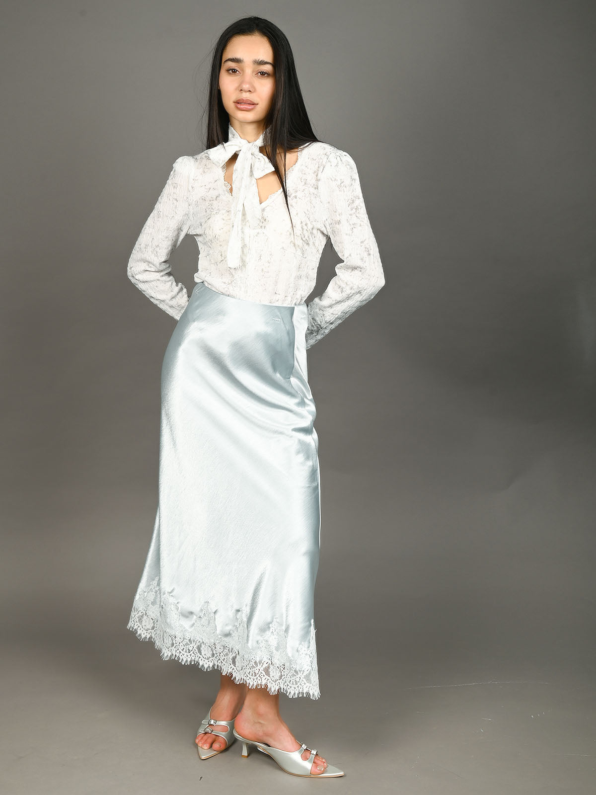 Odette Light Blue Satin Solid Skirt For Women