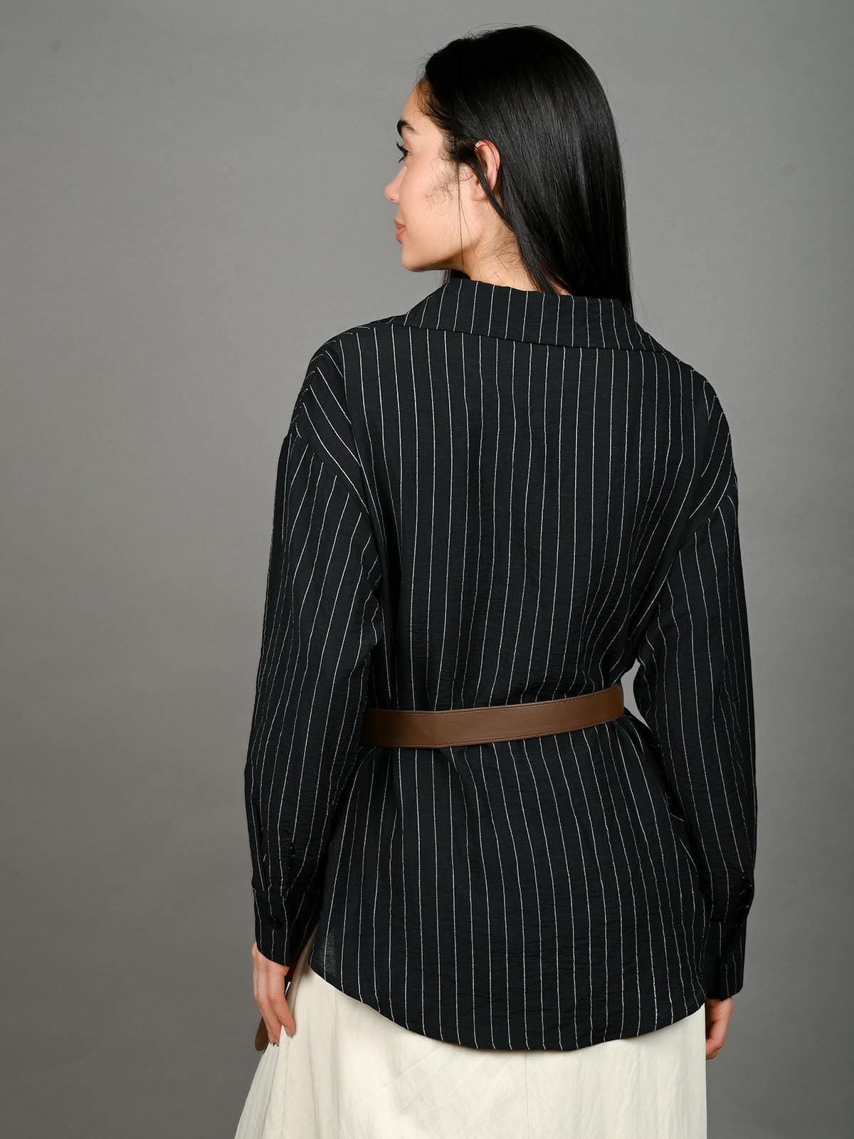 Odette Black Cotton Blend Striped Shirt With Waist Belt For Women