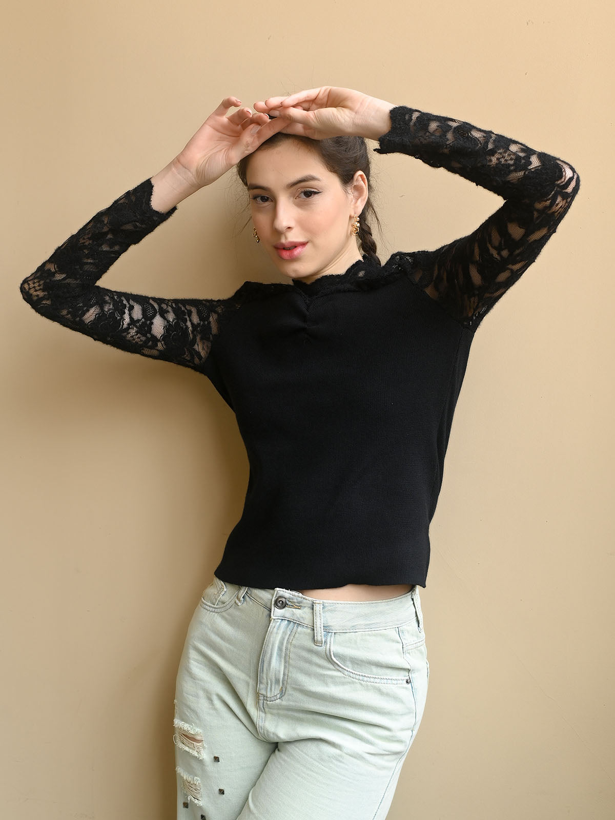 Odette Black Cotton Rib Solid Net Top For Women1