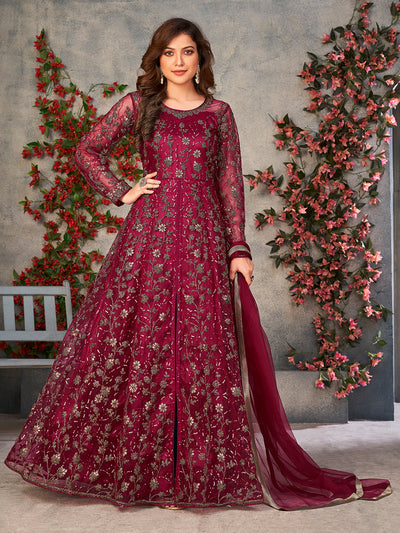 Odette Wine Net Embroidered Semi stitched Kurta Set with Inner For Women