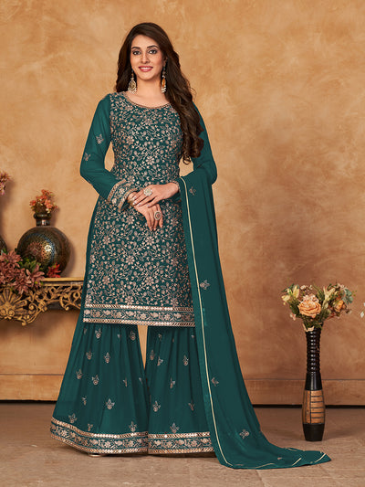Odette Teal Georgette Embroidered Semi stitched Kurta Set For Women