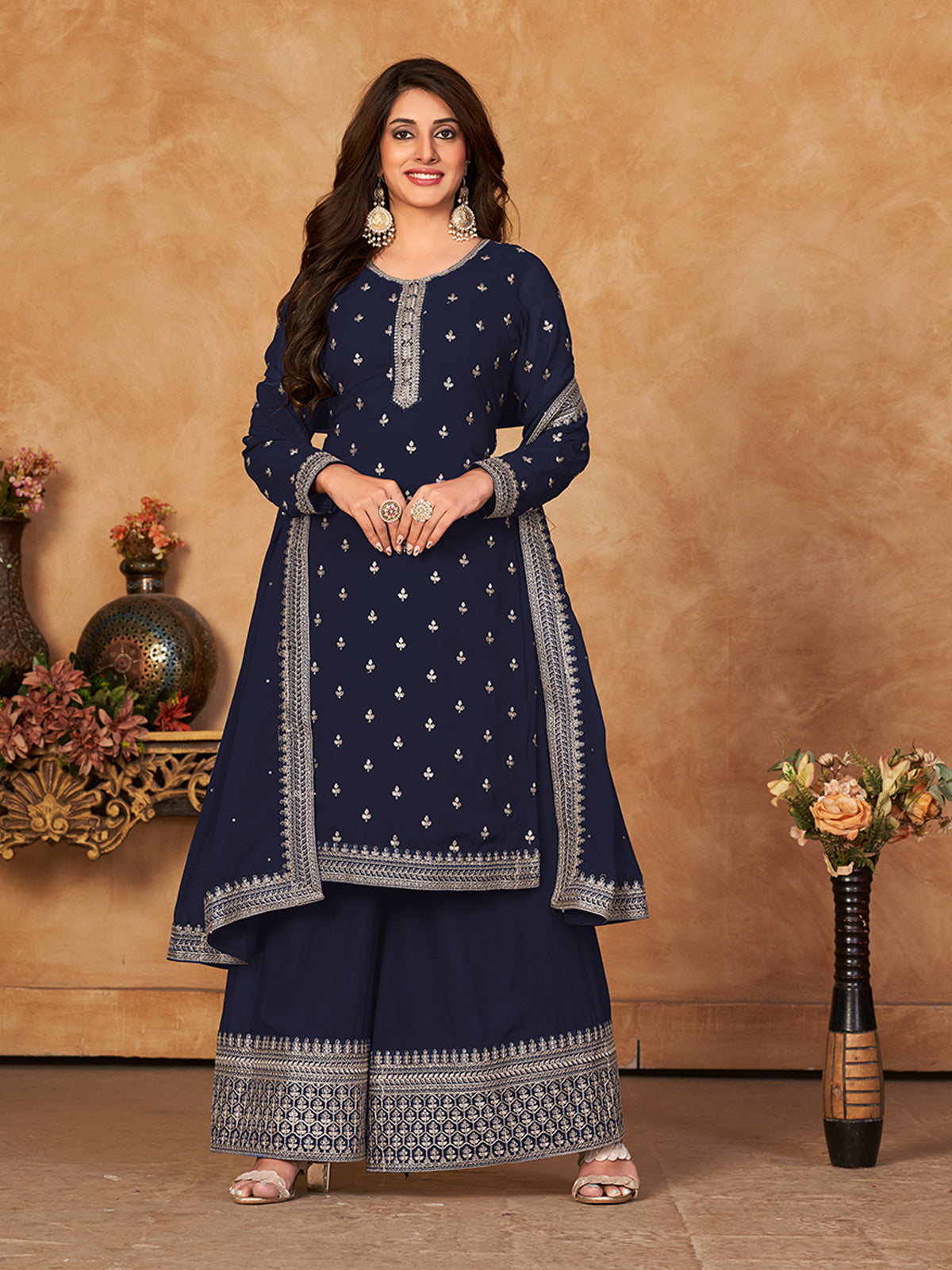 Odette Navy Blue Georgette Embroidered Semi stitched Kurta Set with Inner For Women