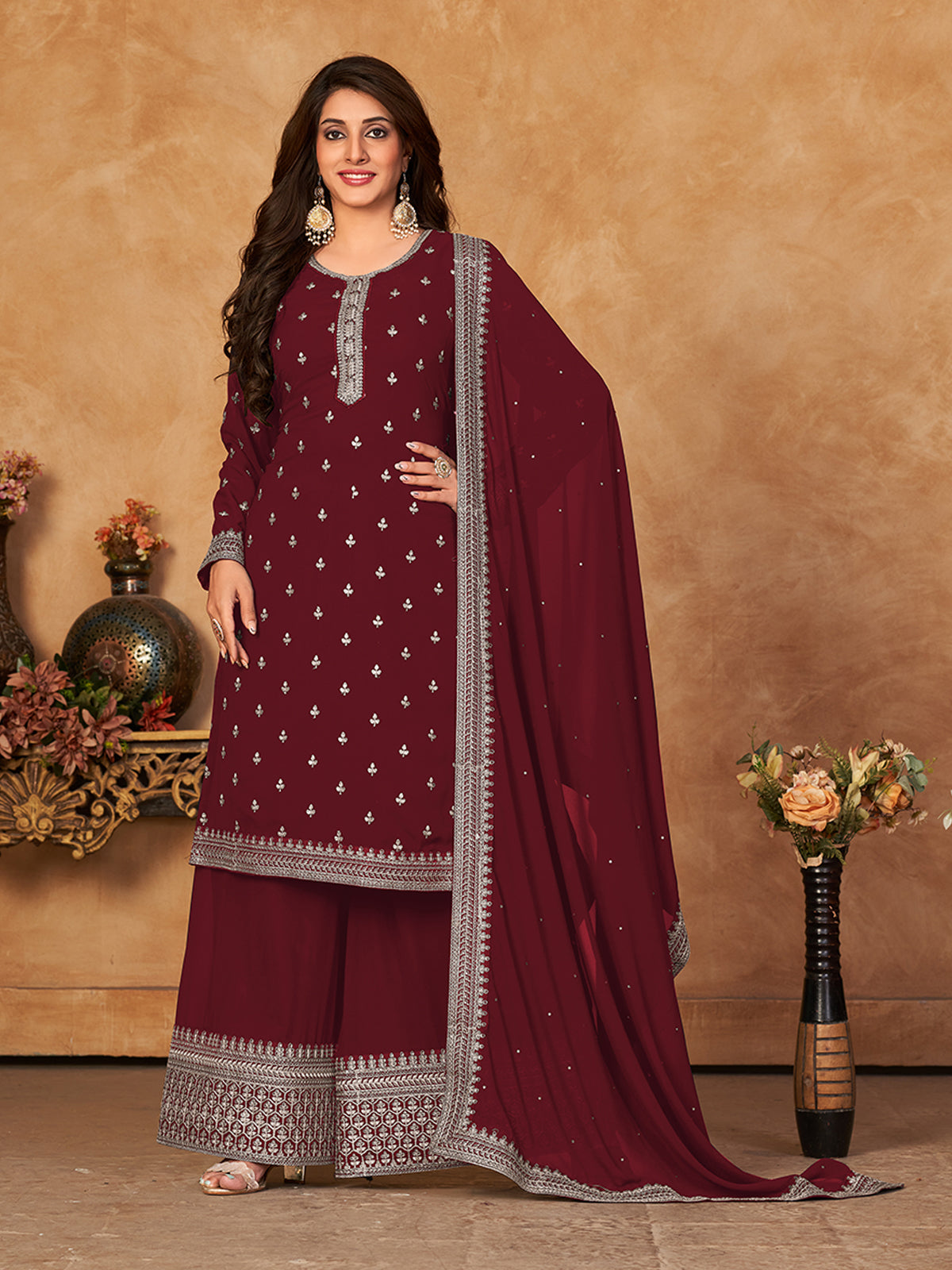 Odette Maroon Georgette Embroidered Semi stitched Kurta Set with Inner For Women