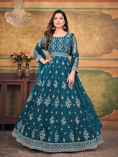 Odette Teal Net Embroidered Semi stitched Kurta Set with Inner For Women